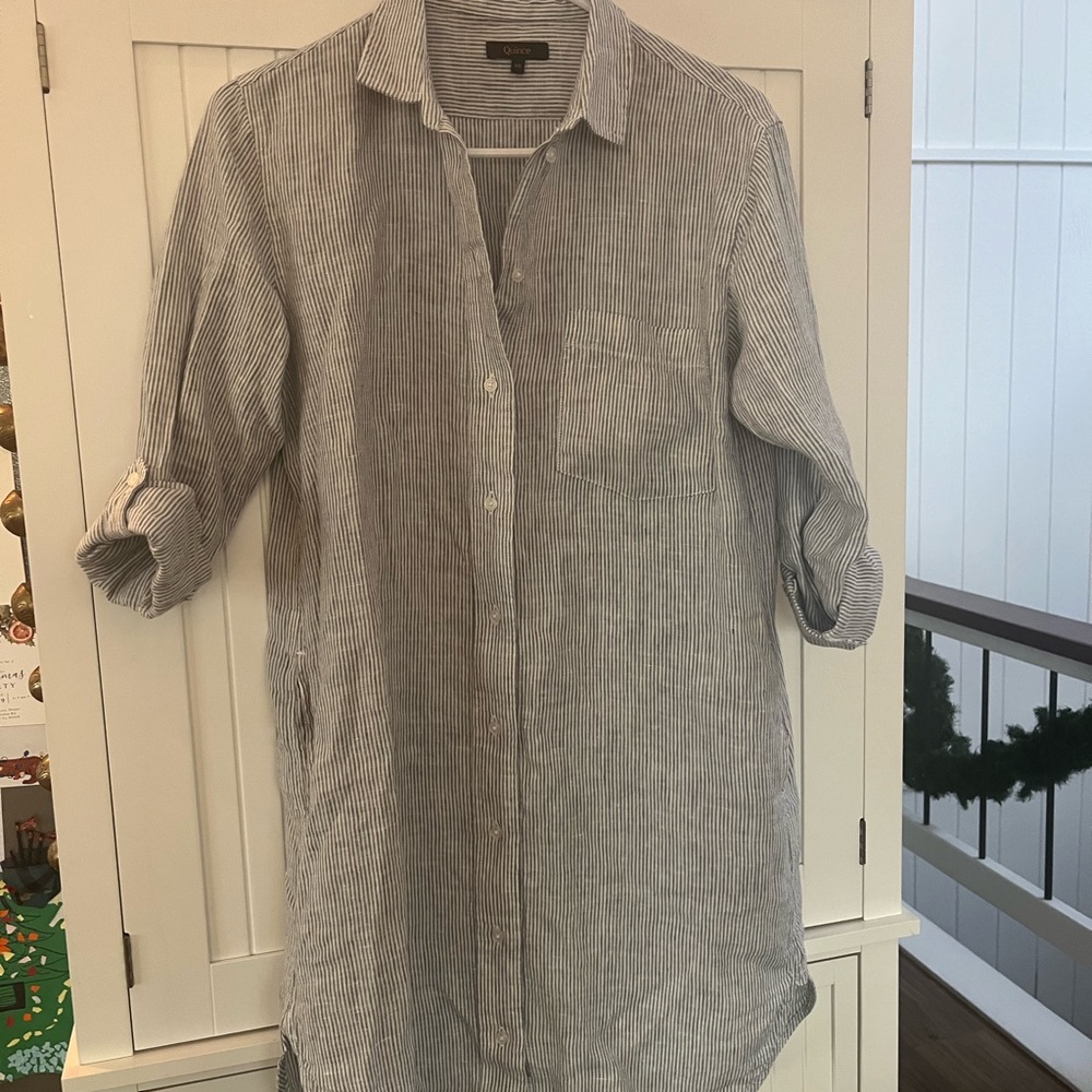 Quince Women's Long Sleeve Dress in Blue and White Stripes